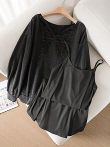CosyJoli Conjunto de camiseta de manga larga con cuello redondo y vestido camisola con parches de encaje de mariposa para tallas grandes - Negro - Ver 6