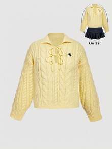 SHEIN MOD Women's Collegiate Style Embroidered Polo Collar Bowknot Knot Textured Yellow Sweater,Office,Work, Knitwear, Butter Yellow Sweater, Yellow Cable Knit Sweater,Fall/Winter - Yellow - View 6