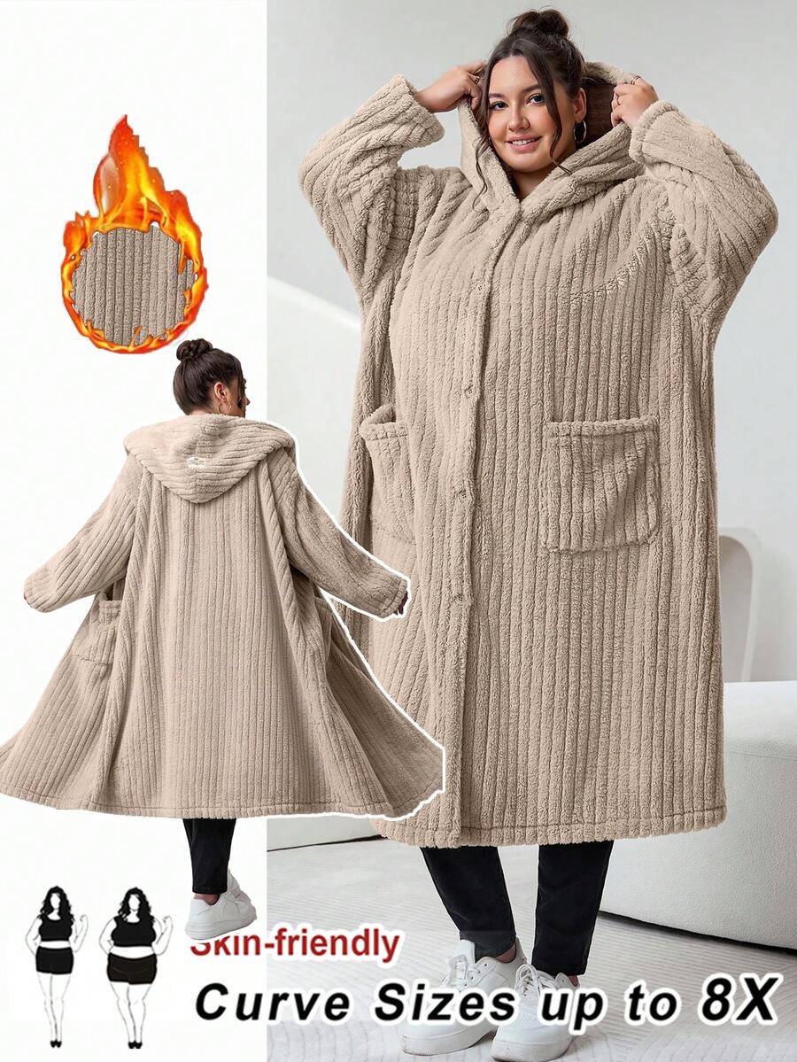 SHEIN CURVE+ Plus Size Women's Plus Size Hooded Long Sleeved Jacket, Suede Jacket, Suitable For Autumn And Winter - Khaki - View 1