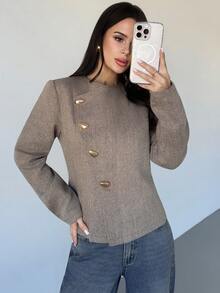 Firerie 女士优雅精致休闲日常通勤新款街头时尚都市时尚斜襟金属纽扣腰部收紧长袖双面羊毛大衣，秋冬 - 卡其色 - 查看 5