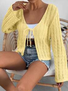 EURMUSE Cardigan décontracté de vacances en tricot à manches évasées, à nœud devant et ajouré, de couleur unie - Jaune citron - Voir 5