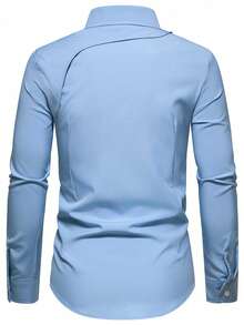 Calvornis Men's Solid Color Button Design Casual Commuter Long Sleeve Business Formal Shirt, Sky Blue