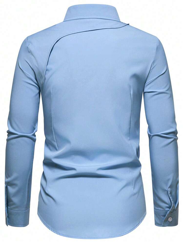 Calvornis Men's Solid Color Button Design Casual Commuter Long Sleeve Business Formal Shirt, Sky Blue - Dusty Blue - View 2