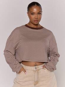 MUSERA Plus Size Long Sleeve Stripe Cropped Plus Size Top Everyday Casual Cute Cosy Festive, Holidays Spring Summer - Multicolor - View 1