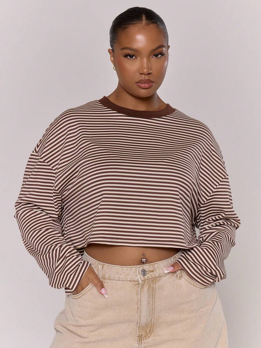 MUSERA Plus Size Long Sleeve Stripe Cropped Plus Size Top Everyday Casual Cute Cosy Festive, Holidays Spring Summer - Multicolor - View 1