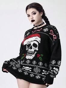 ROMWE Goth 哥特风格圣诞骷髅圣诞帽宽松套头衫 - 黑色 - 查看 4