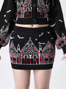 ROMWE Gothic Palace Castle Church Pattern Knitted Bodycon Mini Skirt - Black - View 5
