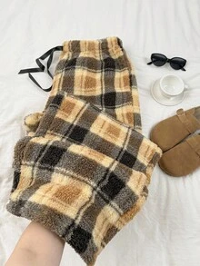 SHEIN EZwear 秋冬大码休闲格子珊瑚绒抽绳裤 - 彩色 - 查看 7