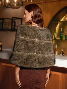 Ellevyn 女士灰色披肩优雅人造毛皮夹克，适合日常穿着、派对、秋冬 - 灰色 - 查看 5
