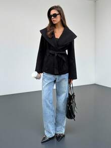 SHEIN Tall 女款優雅通勤黑色大衣 素色前綁帶長袖口袋簡約休閒外套 秋冬款 - 黑色 - 查看 3
