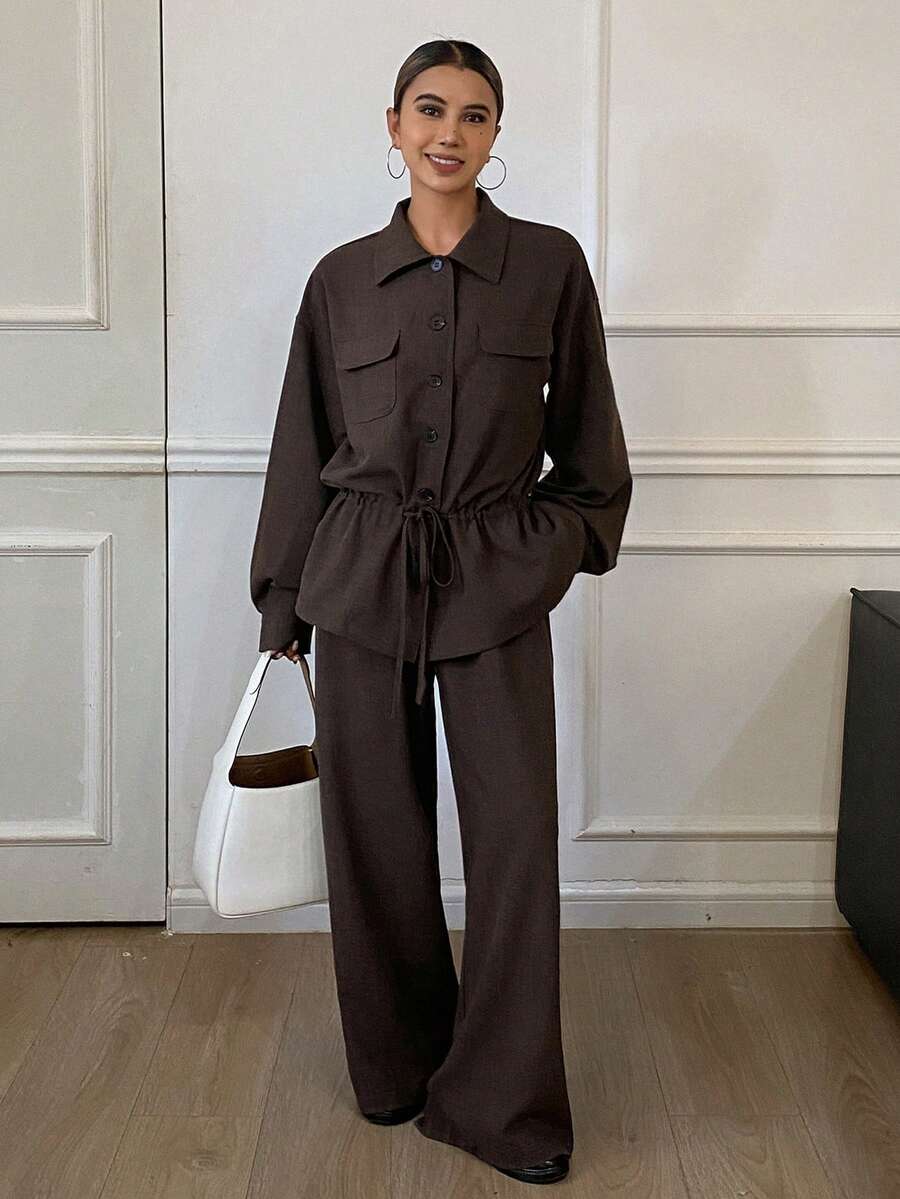 Livesso Bộ vest 2 món công sở thoải mái, vừa vặn màu nâu, áo sơ mi trơn và quần ống đứng, thời trang thu/đông cho nữ - màu nâu - Xem 1