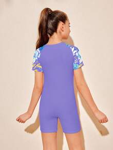 SHEIN Tween Girl Plain Color Block Front Zipper Short Sleeve One Piece Swimsuit, Minimalist Summer Holiday - Violet Purple - View 2