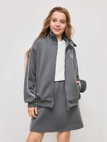 青少年女孩字母印花落肩长袖运动衫夹克和迷你裙休闲装，秋季