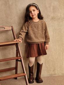 SHEIN 年轻女孩时尚针织毛衣，长袖圆领手工串珠设计套头衫，适合秋冬穿着 - 棕色 - 查看 3