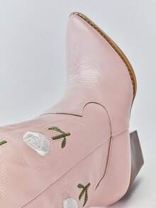 Solezae Women's Glamorous Point Toe Block Heel Embroidery Mid-Calf Cowgirl Boots For Christmas - Pink - View 5