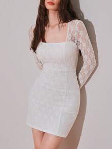 Modelyn Women's Elegant Solid Color Lace Fitted Mini Dress - White - View 4