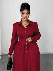 Maweii Robe chemise décontractée pour femmes grandes tailles, couleur unie, manches longues, simple boutonnage, taille cintrée - Rouge foncé - Voir 4