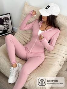 SHEIN EZwear Women's Yoga Sports Contrast Stitch Stand Collar Slim Fit Jacket And Leggings Set, Pink - Pink - View 1