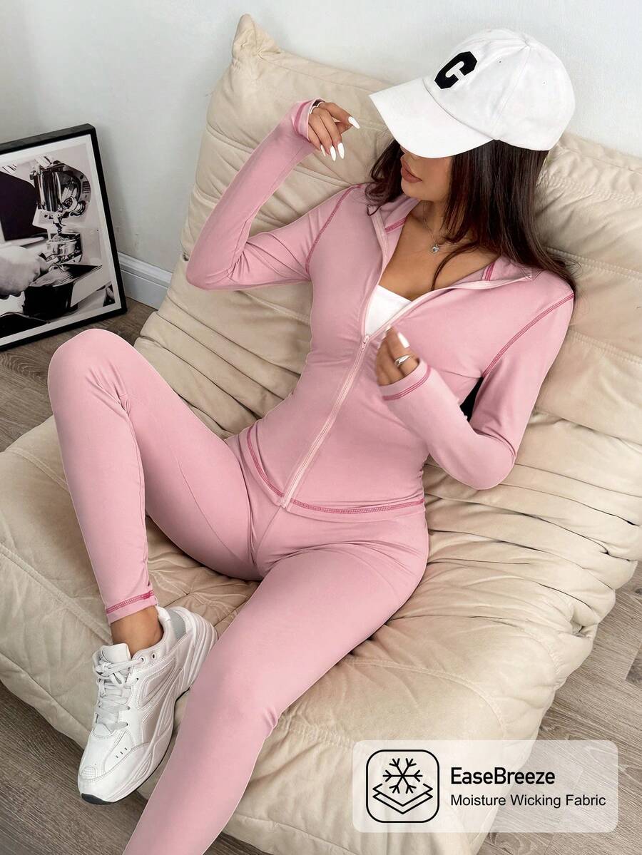 SHEIN EZwear Women's Yoga Sports Contrast Stitch Stand Collar Slim Fit Jacket And Leggings Set, Pink - Pink - View 1