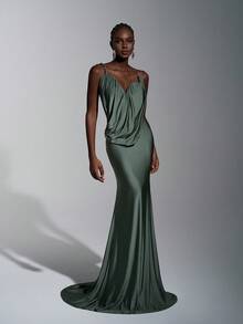 Elitara 优雅时尚的不对称领口褶皱鱼尾裙摆连衣裙，手工褶皱领口，飘逸鱼尾裙摆，适合正式场合、晚宴、商务活动、舞会、派对和节日等场合。 - 綠色 - 查看 5