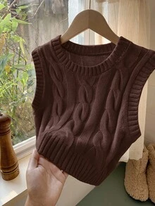 Comfortcana Women's Casual Knitted Cable Pattern Round Neck Vest, Autumn/Winter,Brown Top - Coffee Brown - View 7