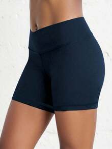 SHEIN Tween Girls Activewear Solid Color Casual Minimalist Criss-Cross Waist Shorts, High Elasticity Skinny Fit, 4-Way Stretch, Suitable For Cycling, Running, Training - Navy Blue - View 2