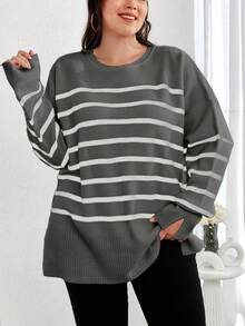 EURMUSE Plus Size Striped Pattern Drop Shoulder Sweater - Grey - View 4