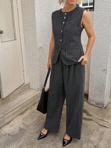 Vivie Lora 2pcs Women Striped Sleeveless Top And Wide Leg Pants Set Lounge Sets For Women - Blue - View 5
