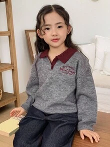DAZY Jeune fille Tricot décontracté avec broderie de lettre et col contrastant, Automne/Hiver - Gris - Voir 5