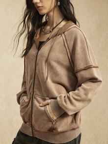 Easelle Brown Knit Casual Hooded Jacket For Women Western Retro Casual Style Washed Water Frayed Cut Winter Clothes For Women Autumn Zip Up Hoodie - Coffee Brown - View 5