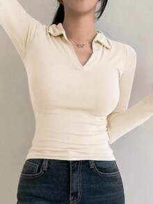 DAZY 女式休闲纯色保暖内衬高领 T 恤，秋冬 - 白色 - 查看 5