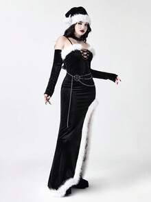 ROMWE Goth 哥特式天鹅绒拼布人造毛皮高开叉紧身连衣裙 - 黑色 - 查看 8