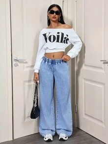 SHEIN Tall 女式低腰休闲百搭阔腿宽松梭织拉绒牛仔裤 - 淺色水洗藍 - 查看 6