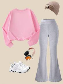 SHEIN 2pcs Set Pink Leopard Bow Long Sleeve Sweatshirt And Gray Flare Pants, Casual Back-To-School Outfit For Autumn, Tween School Fashion Tween Girl - Multicolor - View 2