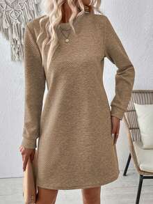 EMERY ROSE Women's Solid Color Casual Long Sleeve Everyday Dress - Khaki - View 4