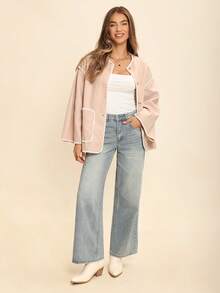 Coeurva Veste décontractée à boutons à devant et poches avec bordure de couleur contrastante pour femmes, manches longues chaude pour l'automne et l'hiver - Multicolore - Voir 2