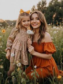 SHEIN Emery Rose Kids 年轻女孩碎花圆领泡泡袖修身休闲蛋糕 A 字连衣裙，秋冬，日常穿着，学校 - 卡其色 - 查看 3