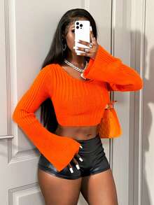 BamGleam Women's Sweater Knitted Long Sleeved Round Neck Flared Sleeve With Cropped Navel Orange Loose Vacation Travel Casual Party Women's Clothing Spring And Autumn Summer Winter Autumn - Orange - View 7