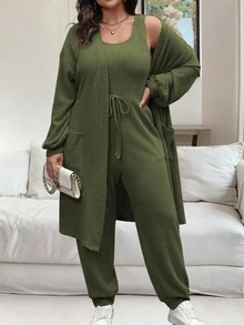 Vionelle Bộ đồ liền thân 2 món không tay, màu trơn, tay dài trễ vai, size lớn dành cho nữ, mùa thu - xanh quân đội - Xem 8