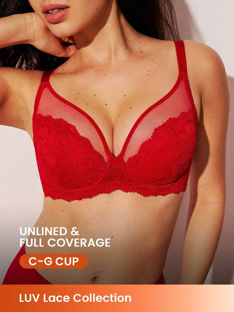 Lingerie douce pour femme, idéale pour les fêtes de Noël et du Nouvel An. Soutien-gorge rouge en dentelle élégante et en maille, avec une couverture complète, un maintien respirant et un fil de soutien sexy sans rembourrage. Sous-vêtements de mariée intimes.