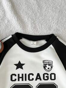 Playful Pals 男童休闲运动罗纹圆领前幅图案插肩袖运动衫，腰部抽绳罗纹下摆裤子套装，秋冬 - 黑色 - 查看 5