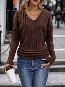 SHEIN 女式纯色V领长袖褶皱休闲T恤 - 咖啡棕 - 查看 4