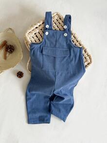 SHEIN Baby Boy Adjustable Suspender Blue Jumpsuit, Suitable For Outings, Casual Wear, And Party Occasions, Autumn/Winter