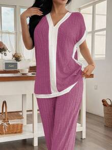 Lazeform 2件套女士针织休闲拼色V领短袖上衣和裤子睡衣套装 - 粉色 - 查看 7