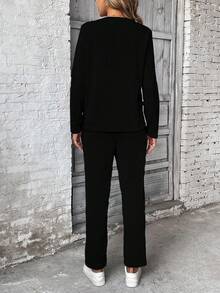 Calvaya 2 件套女士休闲纯色圆领长袖上衣和系带长裤，秋季 - 黑色 - 查看 2
