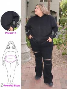 Enliva Melanieangelese Plus Size Black Flared Distressed Stretch Jeans Street Wear, Fall Women Clothes, For Apple Rounded Body Shape - Black - View 1