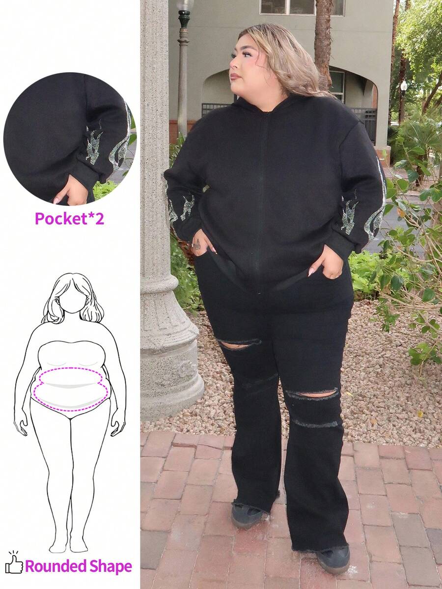 Enliva Melanieangelese Plus Size Black Flared Distressed Stretch Jeans Street Wear, Fall Women Clothes, For Apple Rounded Body Shape - Black - View 1