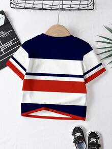 SHEIN Baby Boy Casual Chic Classic Striped Patchwork, Knight Riding Horse Graphic Short Sleeve T-Shirt, Suitable For Summer Baby Boy Summer Outfit Baby Boy Clothes Set Baby Boy Striped Shirt Baby Boy Red White And Blue Clothes Kids Western Wear - Multicolor - View 4