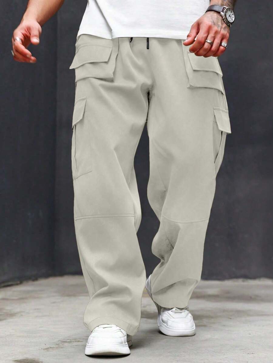 Manfinity Homme Quần Cargo nam màu trơn cỡ lớn có dây rút có túi, phong cách thường ngày, mùa thu - Màu be - Xem 1