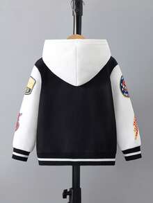 Young Boy Letter Print Single-Breasted Casual Baseball Jacket, Autumn/Winter - Black and White - View 2